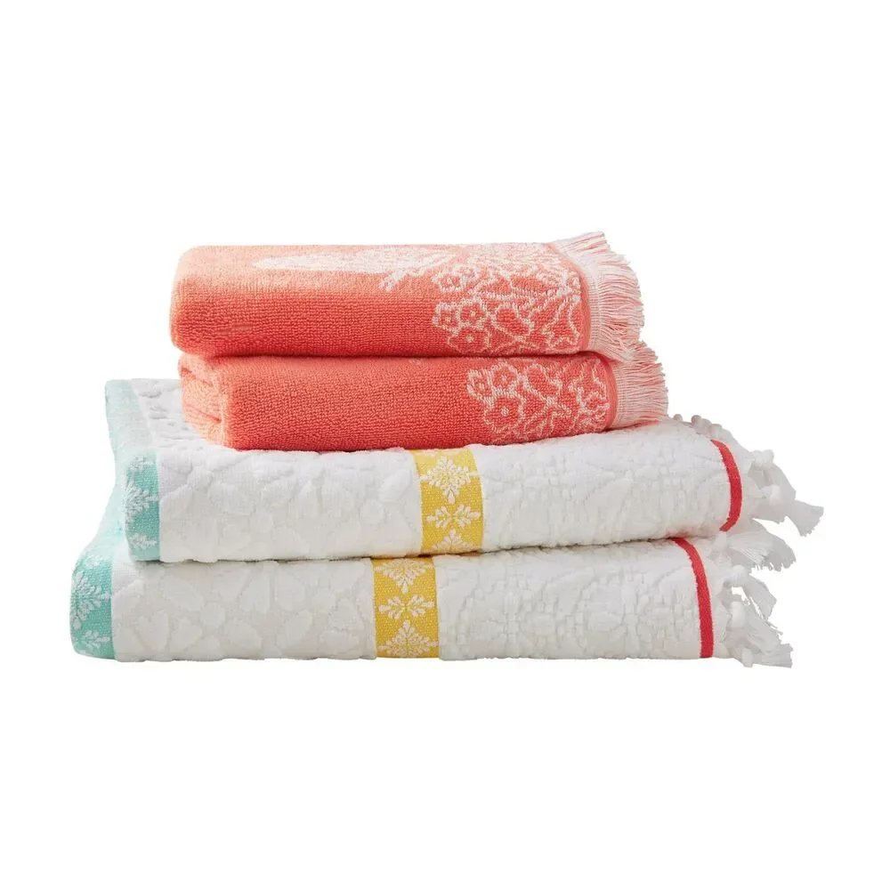 Pioneer Woman Bath Towel Set Sculpted Stripe Velour Coral Bell Butterfly Floral